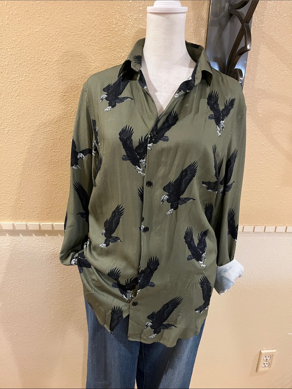 The Kooples Flying Eagle Button Down Shirt Olive Green Relaxed Fit Unisex XS NWT